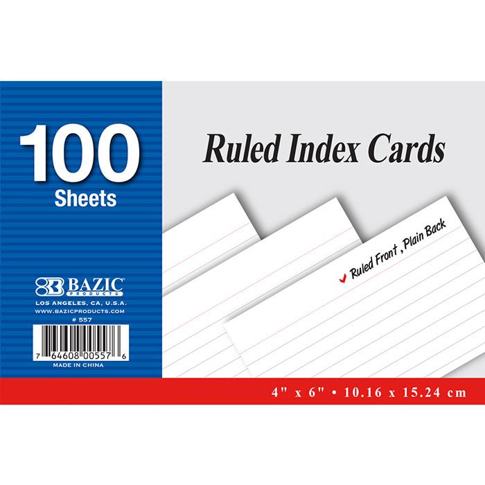 BAZIC 100 SHEETS 4 X 6  WHITE RULED INDEX CARD ,10.16 X 15.24 cm