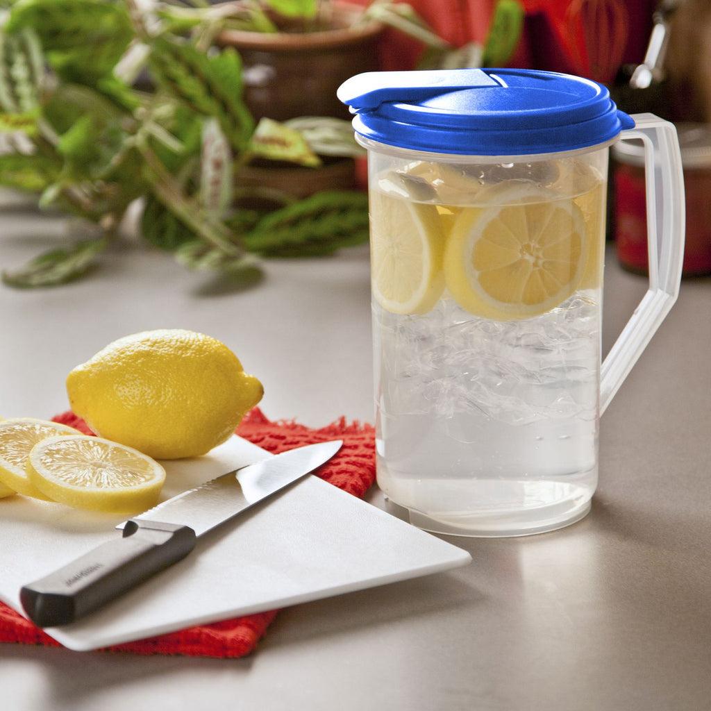 2 Qt Round Pitcher with Blue lid clear base by - Low Price 