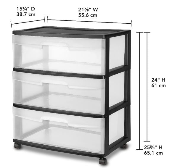 Sterilite 3 Drawer Wide Cart Black